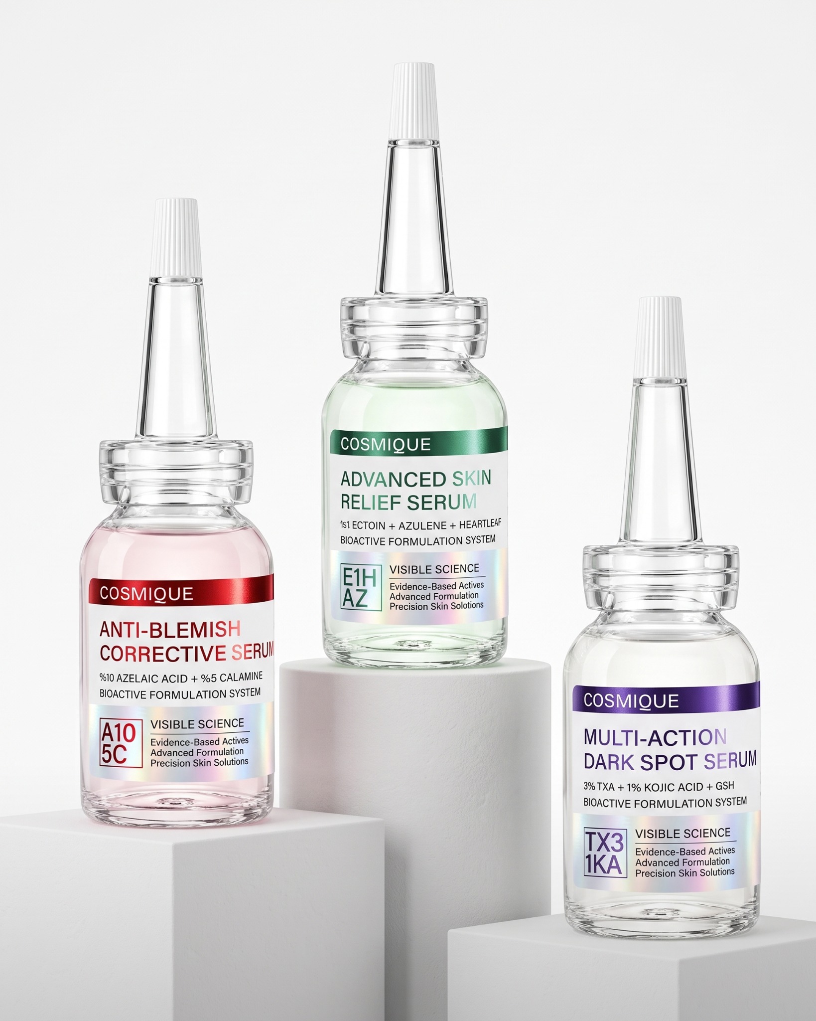 Cosmique Anti-Blemish, Advanced Skin Relief ve Dark Spot serumları
